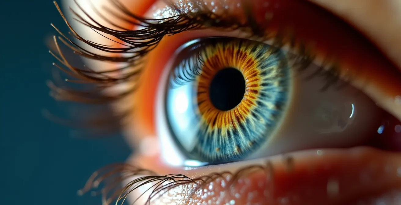 Axe Macro & Textural : Vue macro détaillée d'un iris humain montrant les détails de pigmentation