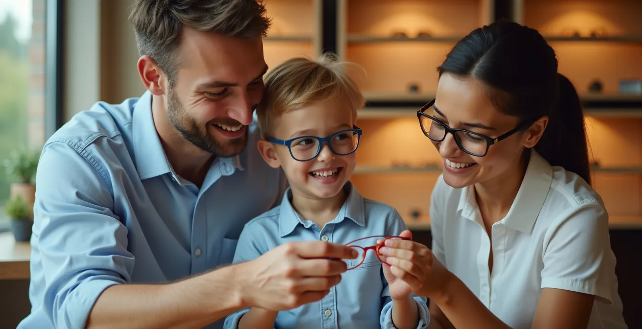 Famille en consultation chez l'opticien, moment d'échange convivial