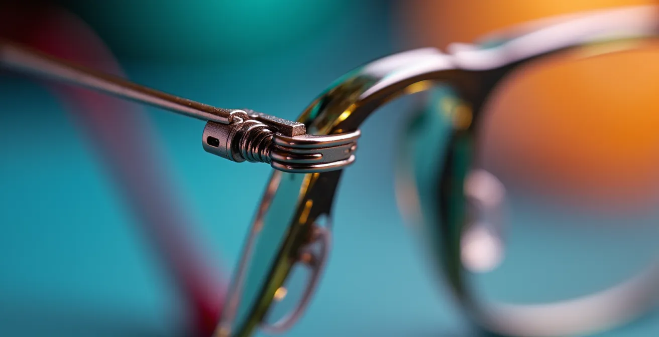 Vue macro d'une charnière flexible de lunettes pour enfant