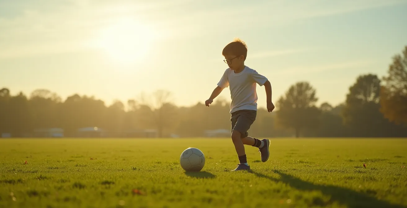 Enfant jouant au football avec ses lunettes Ray-Ban Junior bien ajustées