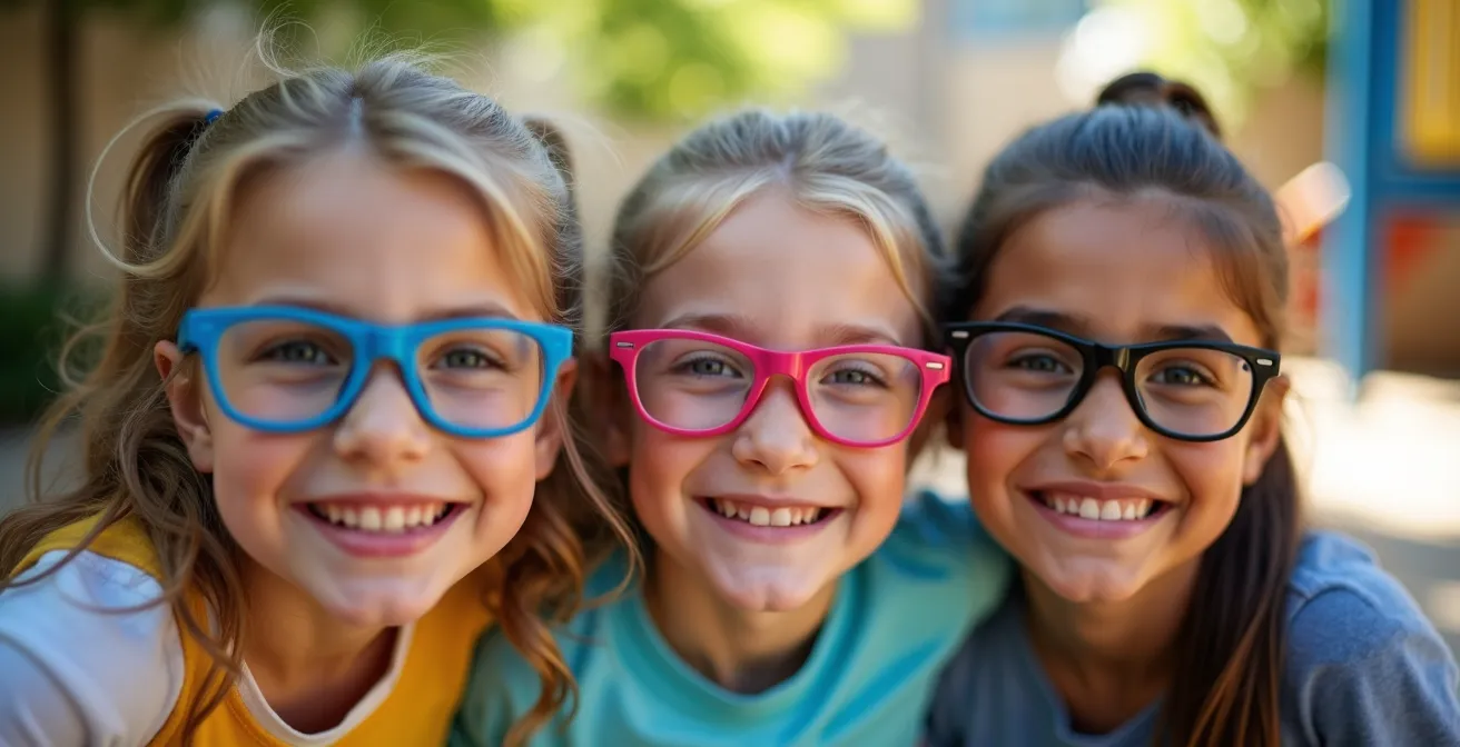 Groupe d'enfants à l'école portant des lunettes colorées avec confiance