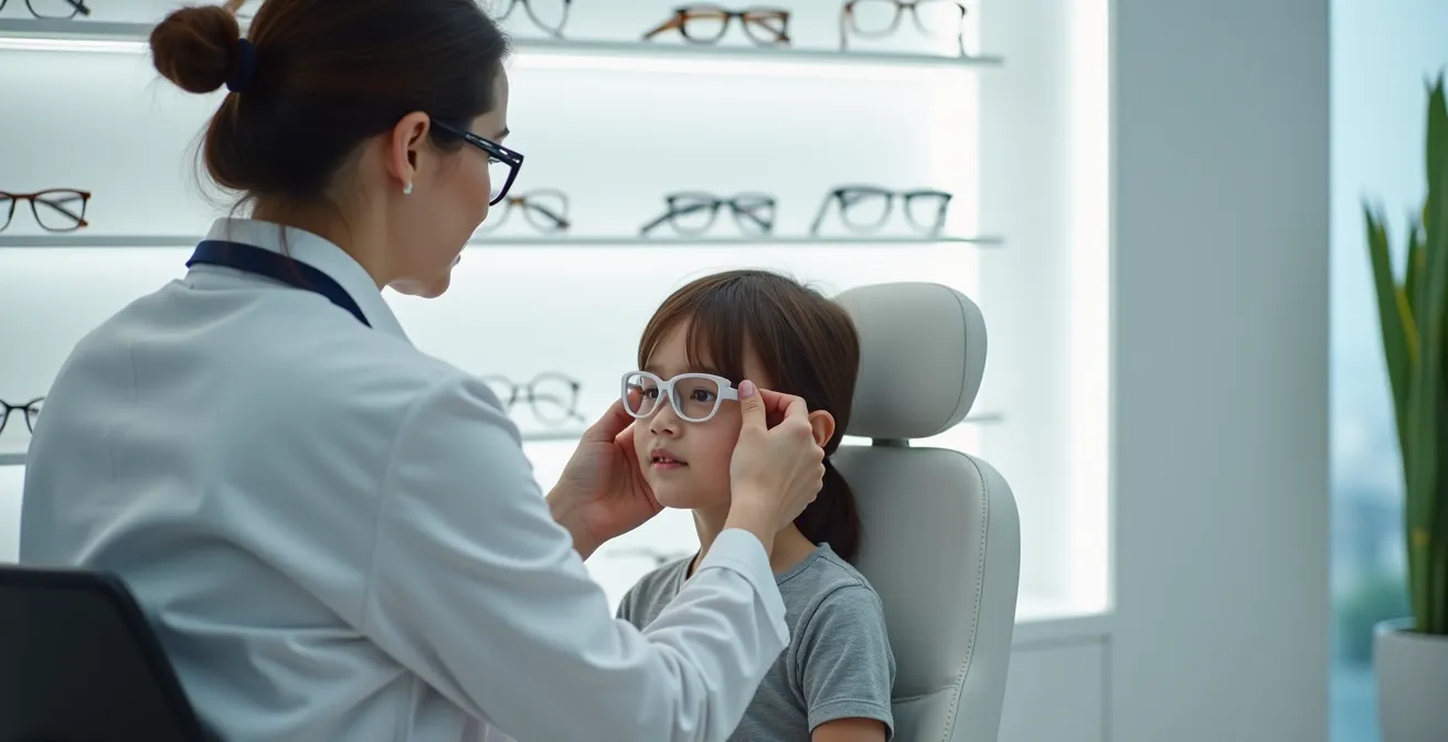 Opticien professionnel ajustant des lunettes sur le visage d'un enfant