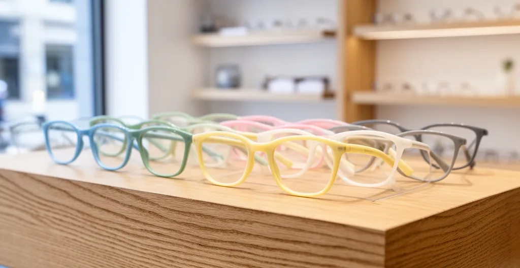 Rangée de lunettes en acétate coloré sur présentoir en bois