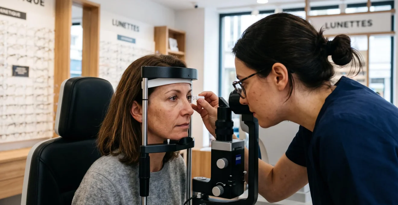 Opticien réalisant l'adaptation d'une lentille de contact sur l'œil d'une patiente assise devant une lampe à fente.