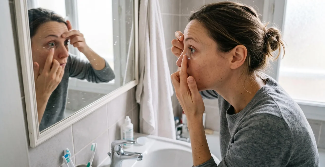 Femme insérant une lentille de contact devant un miroir dans une salle de bain lumineuse.
